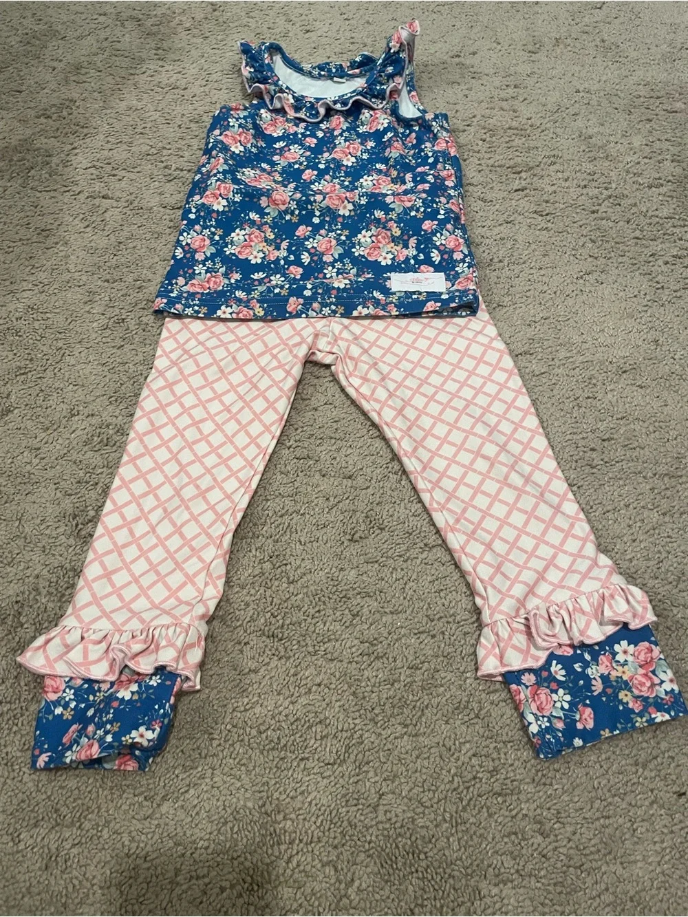 Bliss Blue Floral Ruffle Tank & Pink Lattice Pajama Set